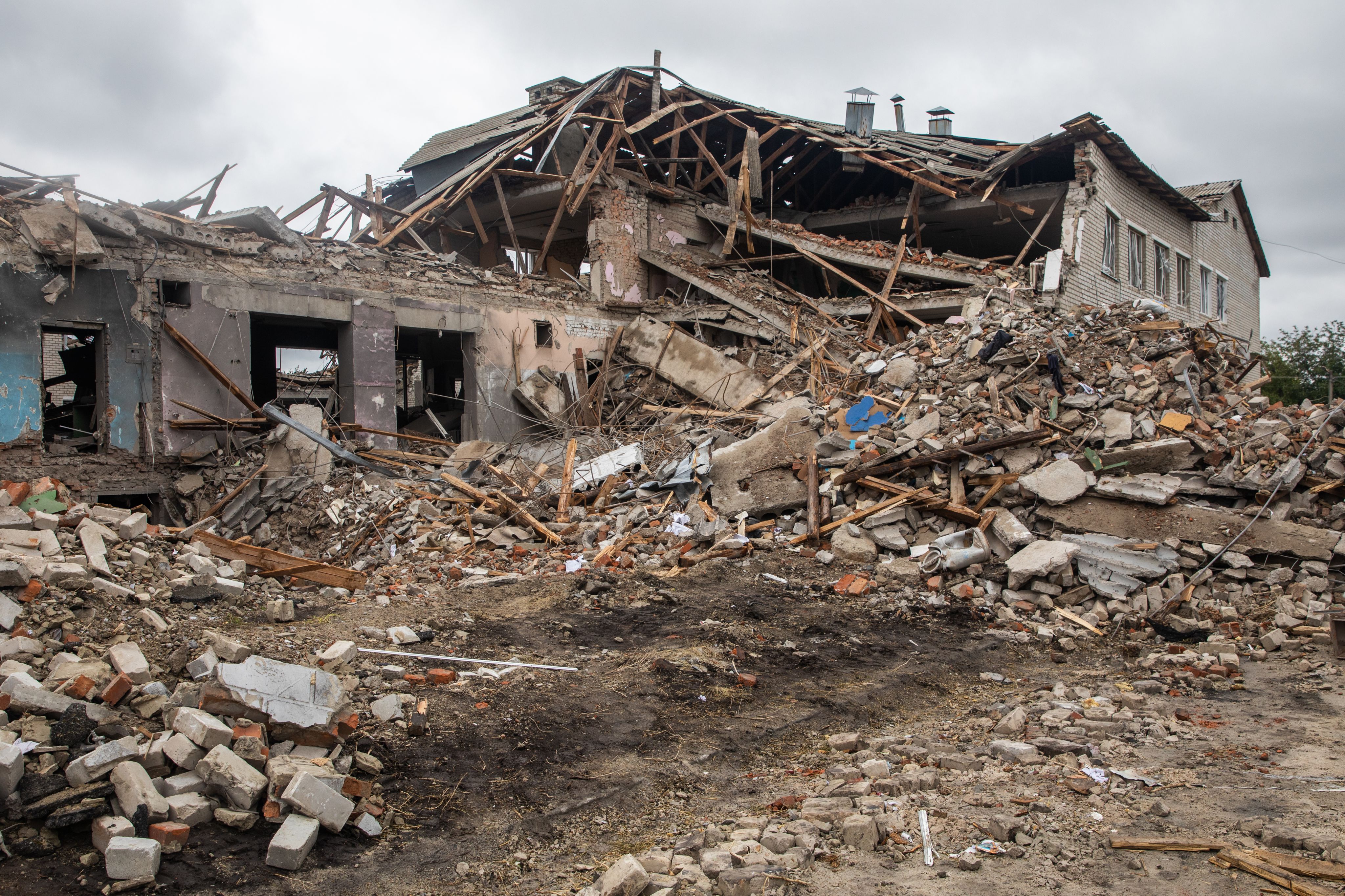 A school in a village near Kharkiv, Ukraine, reduced to rubble after shelling.
