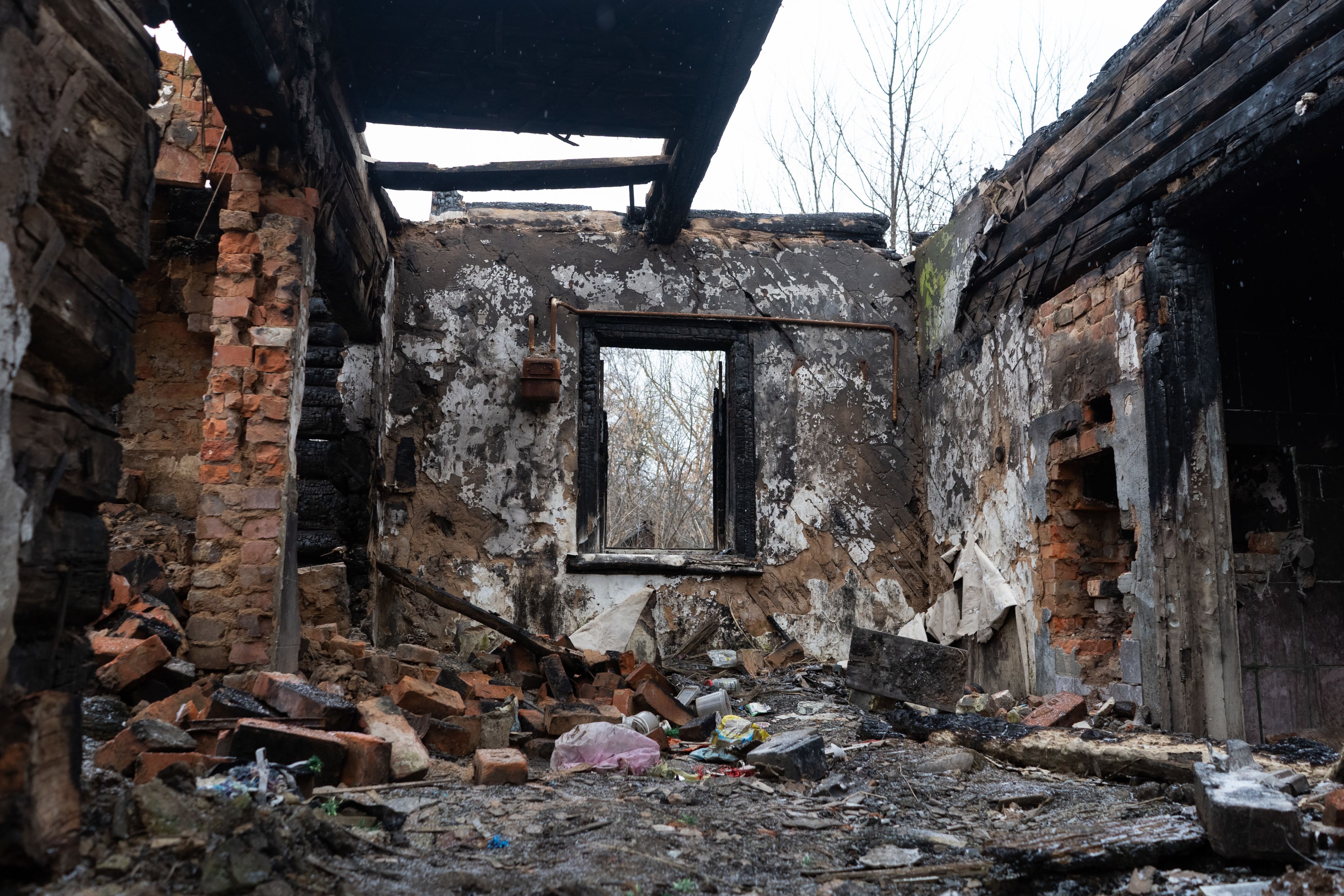A view of Dmytro's house that burned down, near Chernihiv, Ukraine.